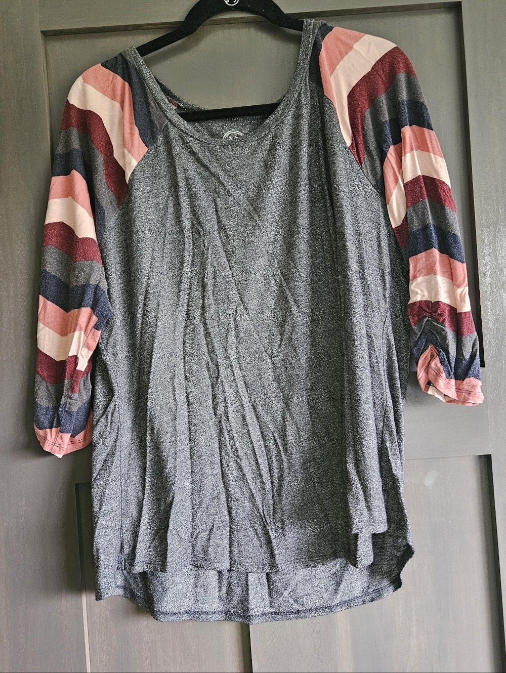 Maurices Gray Top with Pink & Burgundy Striped Raglan Sleeves